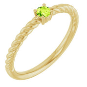 14K Yellow 3 mm Natural Peridot Solitaire Rope Ring