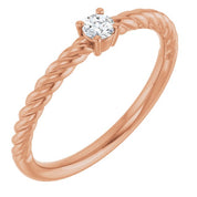 14K Rose 3 mm Natural White Sapphire Solitaire Rope Ring