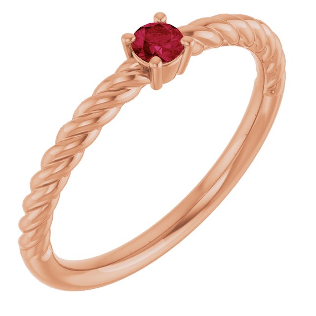 14K Rose 3 mm Lab-Grown Ruby Solitaire Rope Ring