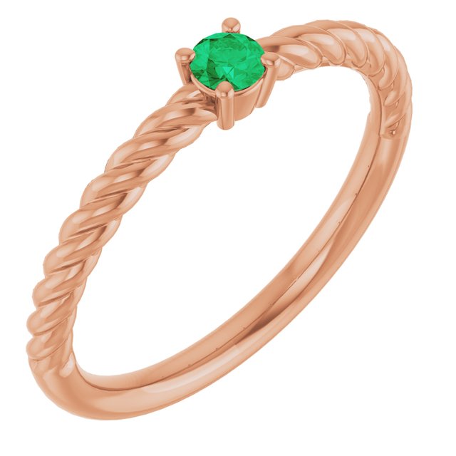 14K Rose 3 mm Lab-Grown Emerald Solitaire Rope Ring
