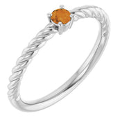 Platinum 3 mm Natural Citrine Solitaire Rope Ring