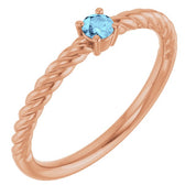 14K Rose 3 mm Natural Aquamarine Solitaire Rope Ring