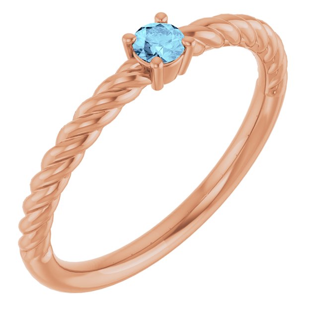 14K Rose 3 mm Natural Aquamarine Solitaire Rope Ring