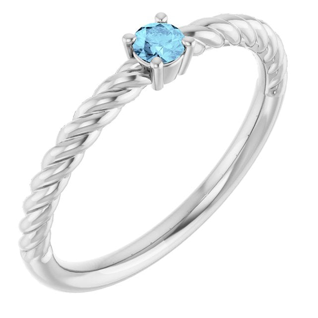 14K White 3 mm Natural Aquamarine Solitaire Rope Ring