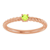 14K Rose 3 mm Natural Peridot Solitaire Rope Ring