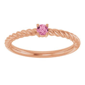 14K Rose 3 mm Natural Pink Tourmaline Solitaire Rope Ring