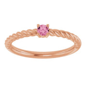 14K Rose 3 mm Natural Pink Tourmaline Solitaire Rope Ring