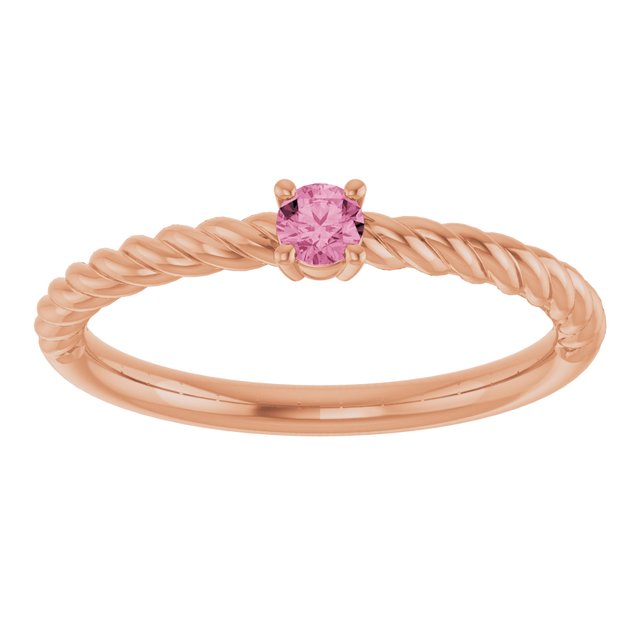 14K Rose 3 mm Natural Pink Tourmaline Solitaire Rope Ring