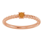 14K Rose 3 mm Natural Citrine Solitaire Rope Ring