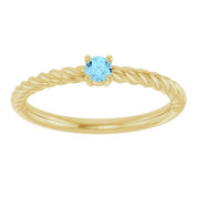 14K Yellow 3 mm Natural Aquamarine Solitaire Rope Ring