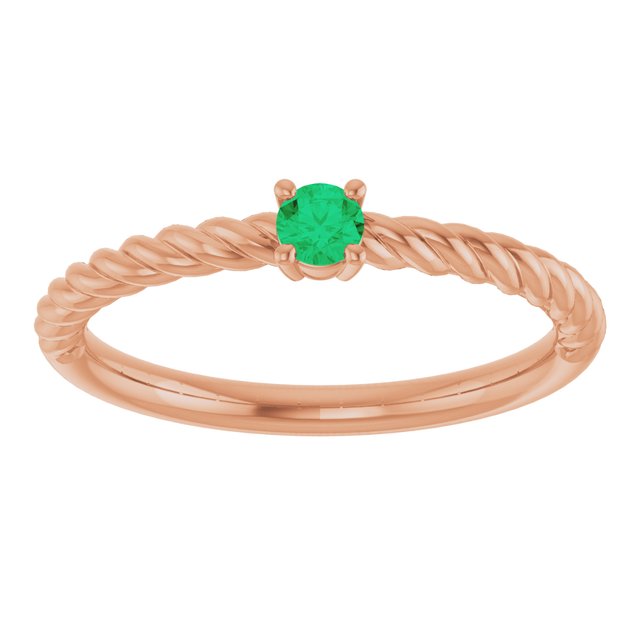 14K Rose 3 mm Lab-Grown Emerald Solitaire Rope Ring