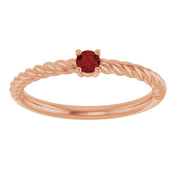 14K Rose 3 mm Natural Mozambique Garnet Solitaire Rope Ring