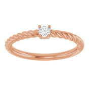14K Rose 3 mm Natural White Sapphire Solitaire Rope Ring
