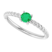 14K White 4 mm Lab-Grown Emerald Solitaire Rope Ring