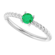 14K White 4 mm Lab-Grown Emerald Solitaire Rope Ring