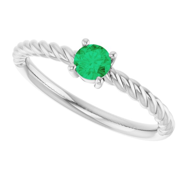 14K White 4 mm Lab-Grown Emerald Solitaire Rope Ring
