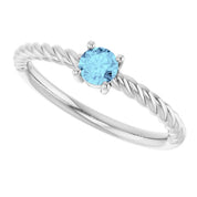 Platinum 4 mm Natural Aquamarine Solitaire Rope Ring