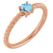 14K Rose 4 mm Natural Aquamarine Solitaire Rope Ring