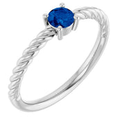 14K White 4 mm Natural Blue Sapphire Solitaire Rope Ring