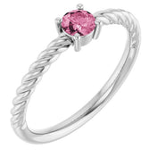 Sterling Silver 4 mm Natural Pink Tourmaline Solitaire Rope Ring