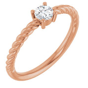 14K Rose 4 mm Natural White Sapphire Solitaire Rope Ring