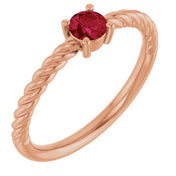14K Rose 4 mm Natural Ruby Solitaire Rope Ring