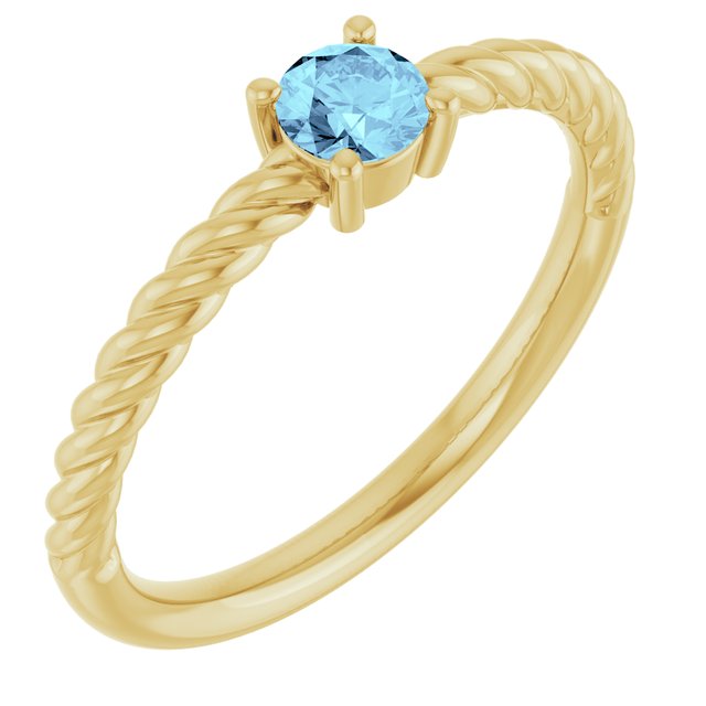 14K Yellow 4 mm Natural Aquamarine Solitaire Rope Ring