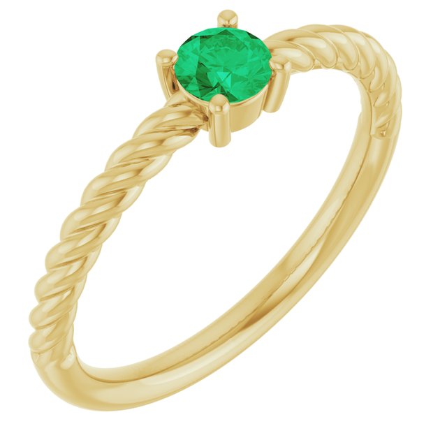 14K Yellow 4 mm Lab-Grown Emerald Solitaire Rope Ring
