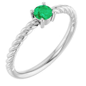 Sterling Silver 4 mm Lab-Grown Emerald Solitaire Rope Ring
