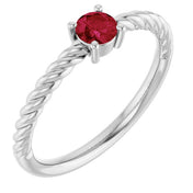 14K White 4 mm Natural Ruby Solitaire Rope Ring