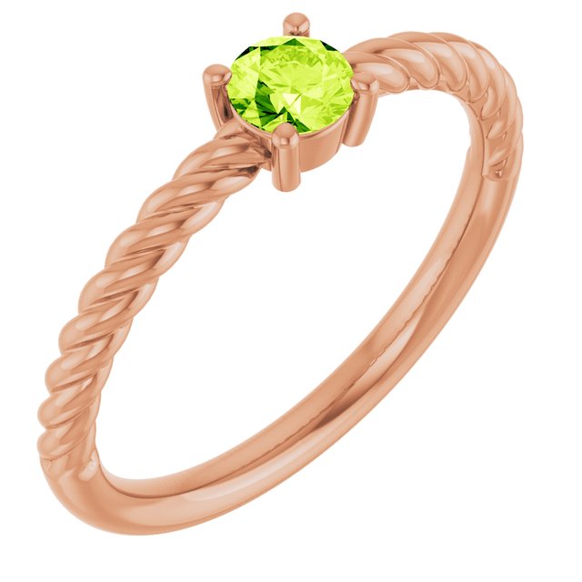 14K Rose 4 mm Natural Peridot Solitaire Rope Ring