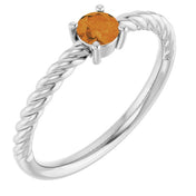 Platinum 4 mm Natural Citrine Solitaire Rope Ring