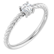 14K White 4 mm Natural White Sapphire Solitaire Rope Ring