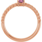 14K Rose 4 mm Natural Pink Tourmaline Solitaire Rope Ring