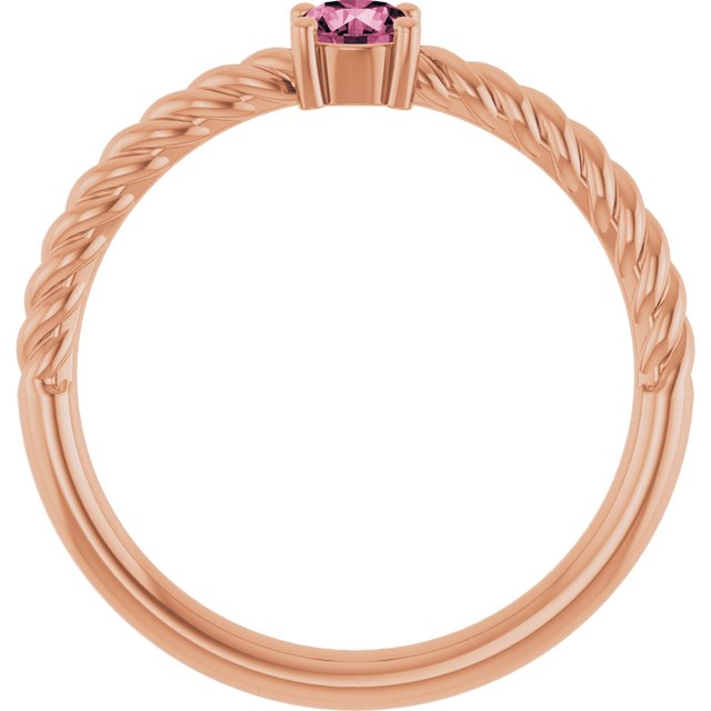 14K Rose 4 mm Natural Pink Tourmaline Solitaire Rope Ring