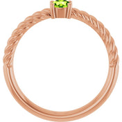 14K Rose 4 mm Natural Peridot Solitaire Rope Ring