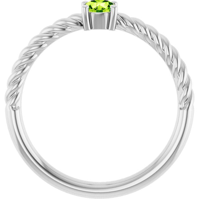 14K White 4 mm Natural Peridot Solitaire Rope Ring