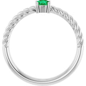 14K White 4 mm Lab-Grown Emerald Solitaire Rope Ring