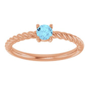 14K Rose 4 mm Natural Aquamarine Solitaire Rope Ring