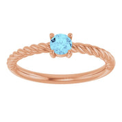 14K Rose 4 mm Natural Aquamarine Solitaire Rope Ring