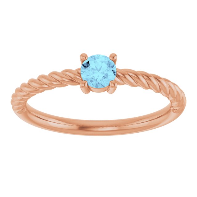 14K Rose 4 mm Natural Aquamarine Solitaire Rope Ring