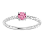 Sterling Silver 4 mm Natural Pink Tourmaline Solitaire Rope Ring