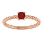 14K Rose 4 mm Natural Mozambique Garnet Solitaire Rope Ring