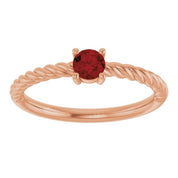 14K Rose 4 mm Natural Mozambique Garnet Solitaire Rope Ring