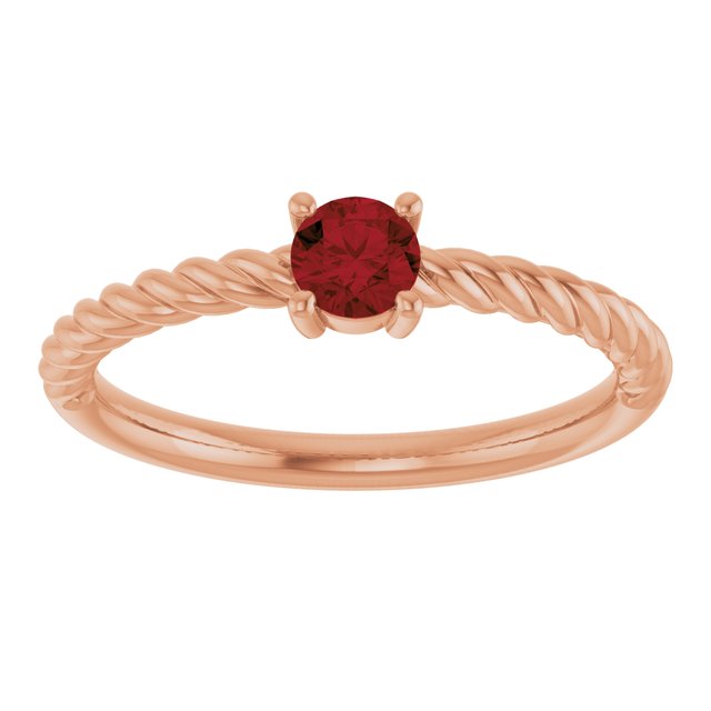 14K Rose 4 mm Natural Mozambique Garnet Solitaire Rope Ring