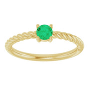 14K Yellow 4 mm Lab-Grown Emerald Solitaire Rope Ring