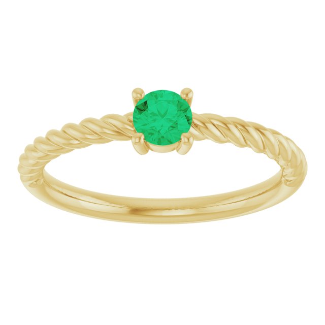 14K Yellow 4 mm Lab-Grown Emerald Solitaire Rope Ring