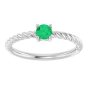 14K White 4 mm Lab-Grown Emerald Solitaire Rope Ring