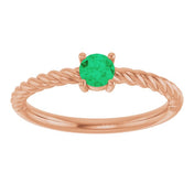 14K Rose 4 mm Lab-Grown Emerald Solitaire Rope Ring