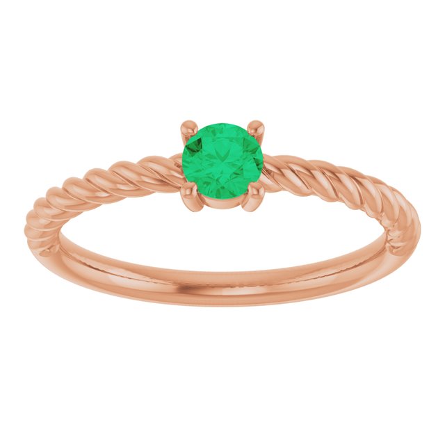 14K Rose 4 mm Lab-Grown Emerald Solitaire Rope Ring